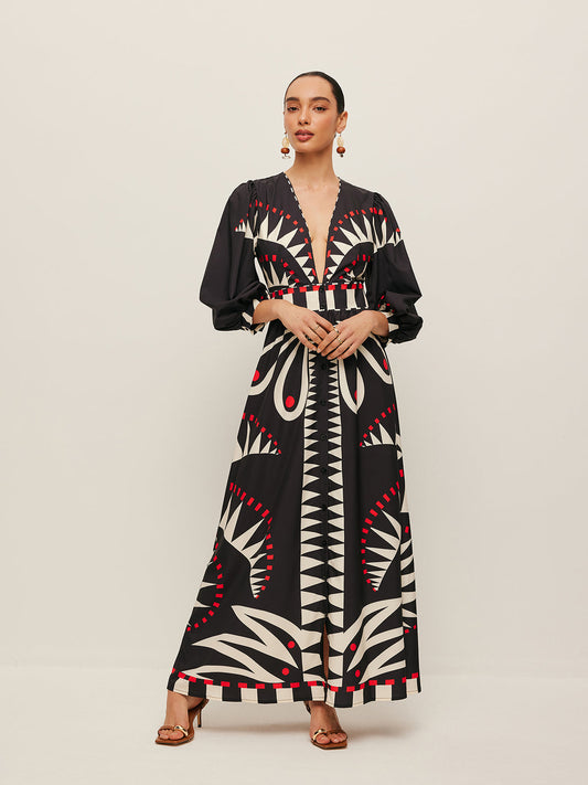 Boho V Yaka Yırtmaçlı Maxi Elbise Siyah Geometrik Desenli | Lorlia