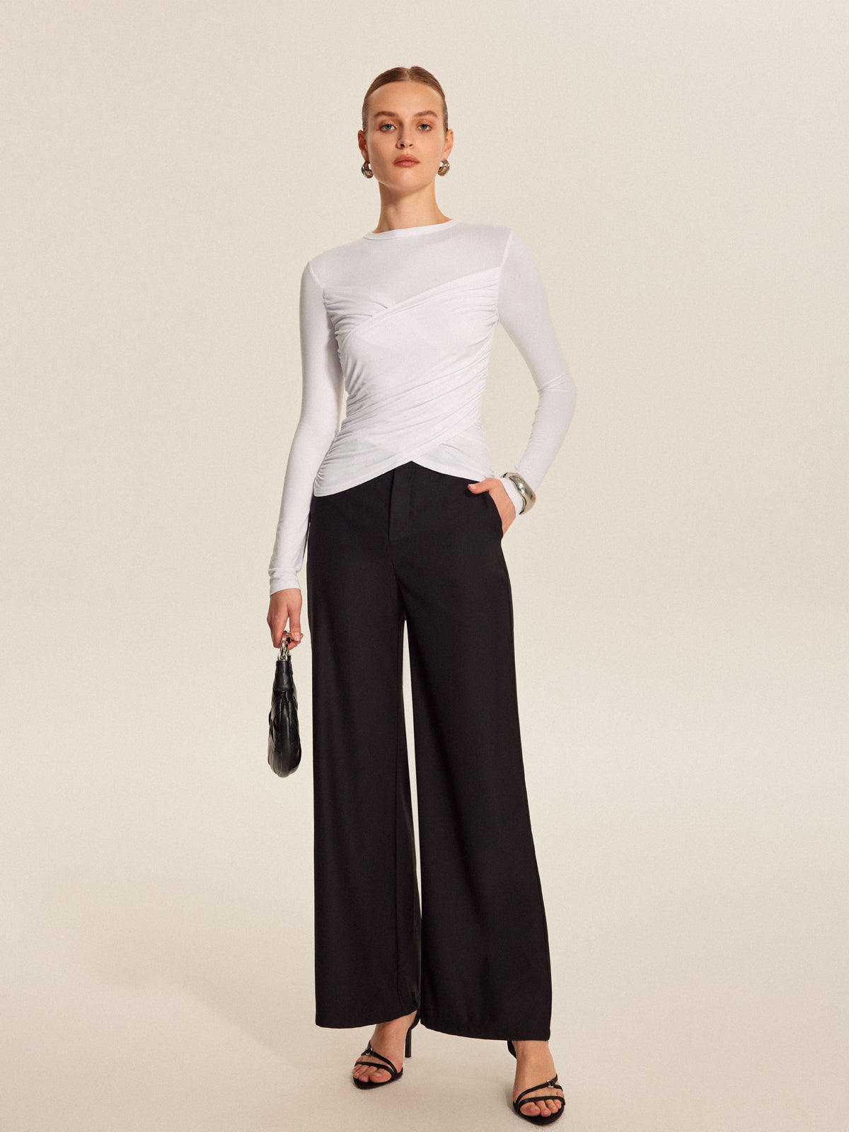 Çapraz Desenli Uzun Kollu Tişört Beyaz Slim Fit | Lorlia