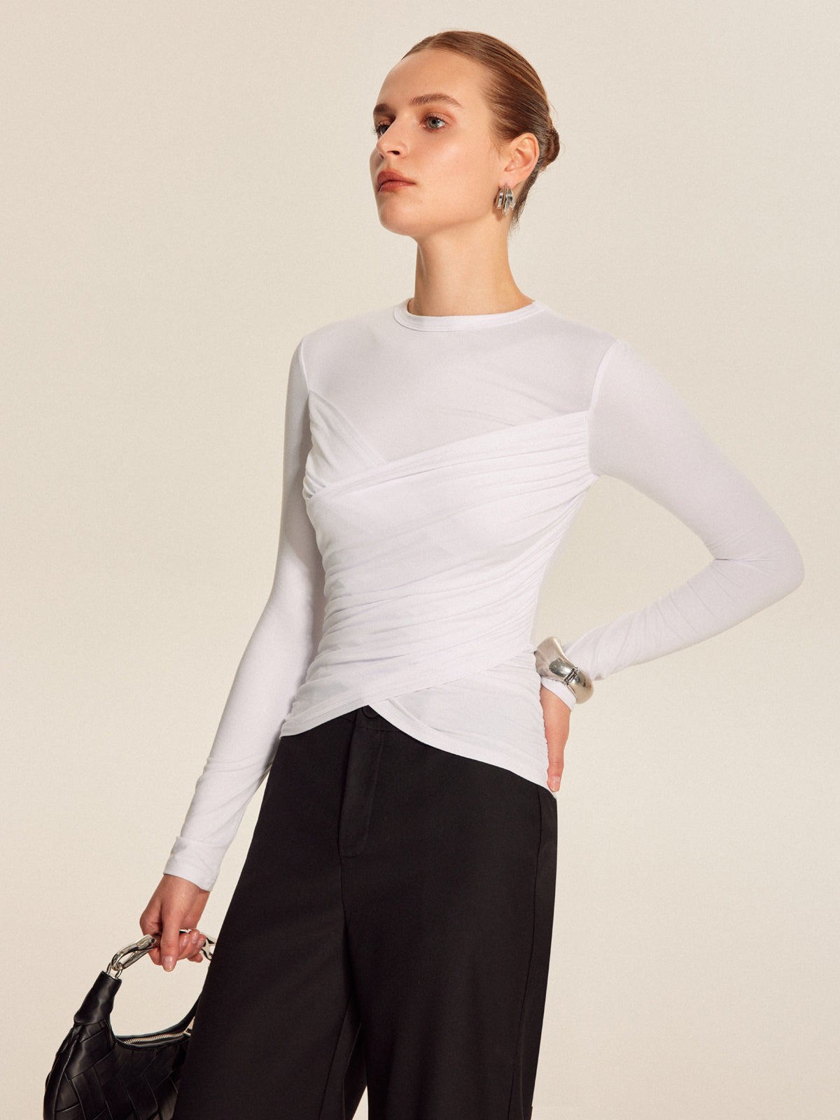 Çapraz Desenli Uzun Kollu Tişört Beyaz Slim Fit | Lorlia