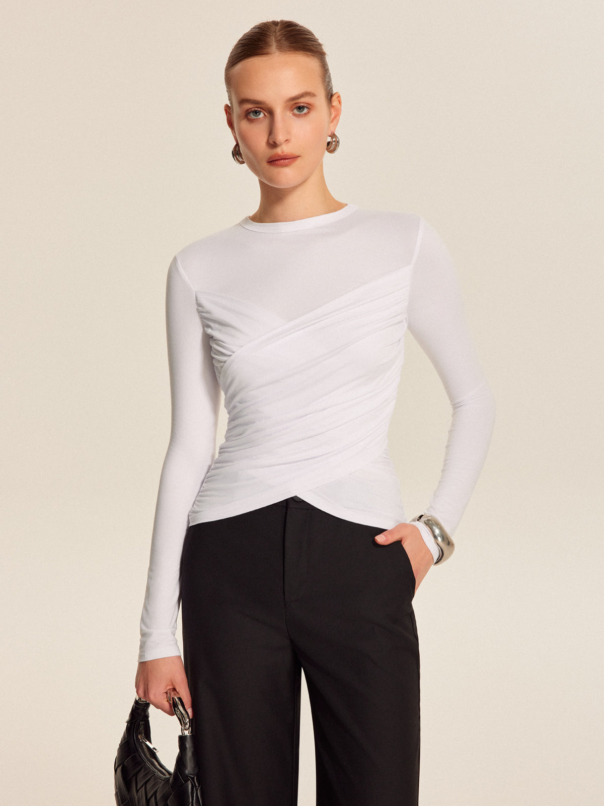 Çapraz Desenli Uzun Kollu Tişört Beyaz Slim Fit | Lorlia