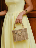 Dokuma Rattan Kutu Çanta Döner Kilit Kapağı Haki | Lorlia