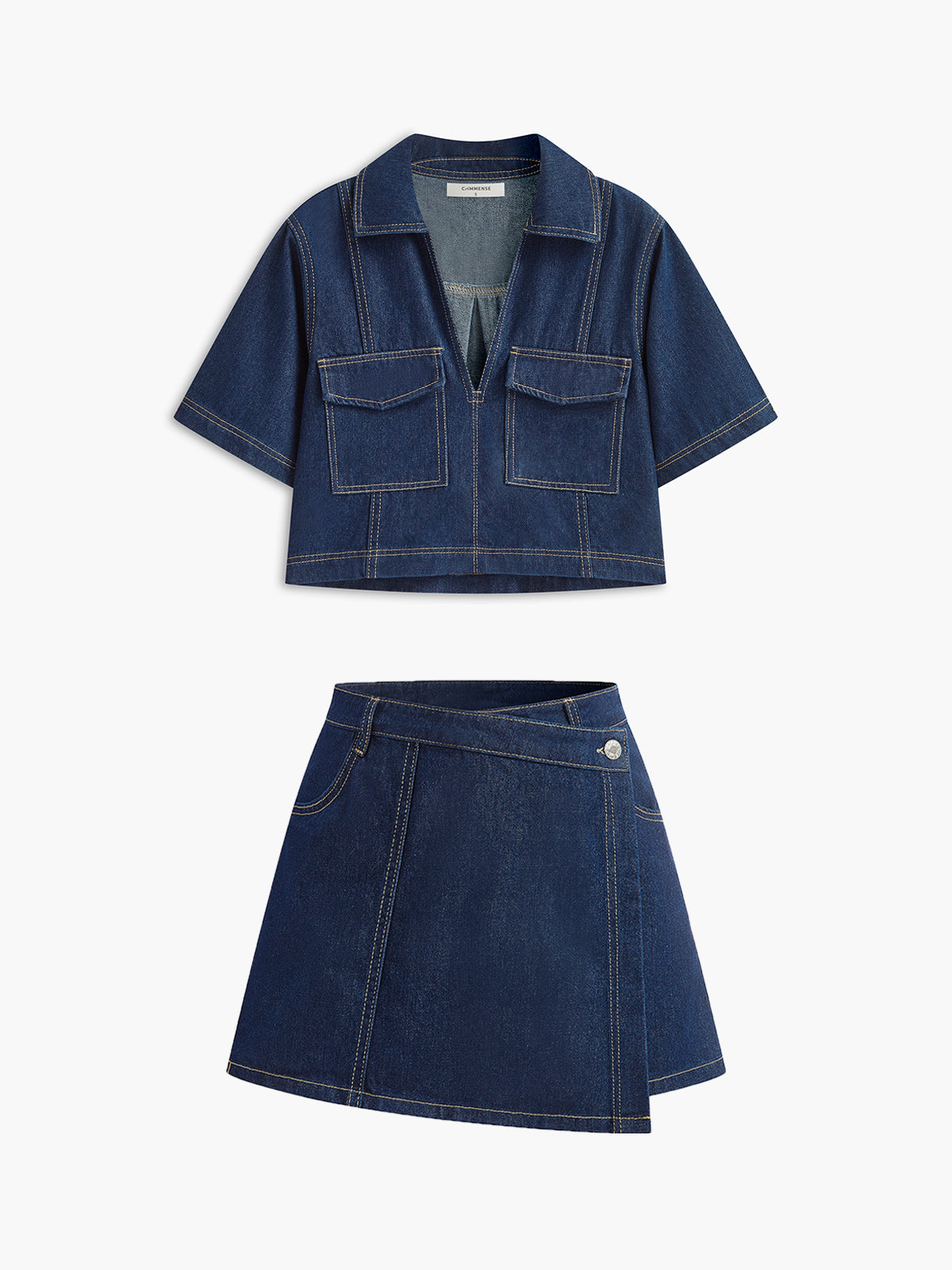 Şık Denim Kısa Takım Cep Detaylı Lacivert | Lorlia