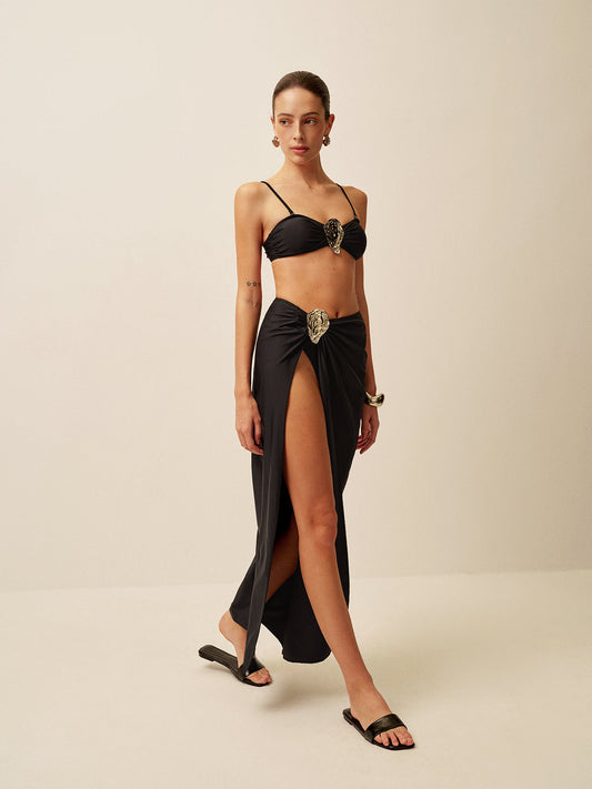 Metal Aksesuarlı Sarong Etek Siyah Jersey | Lorlia