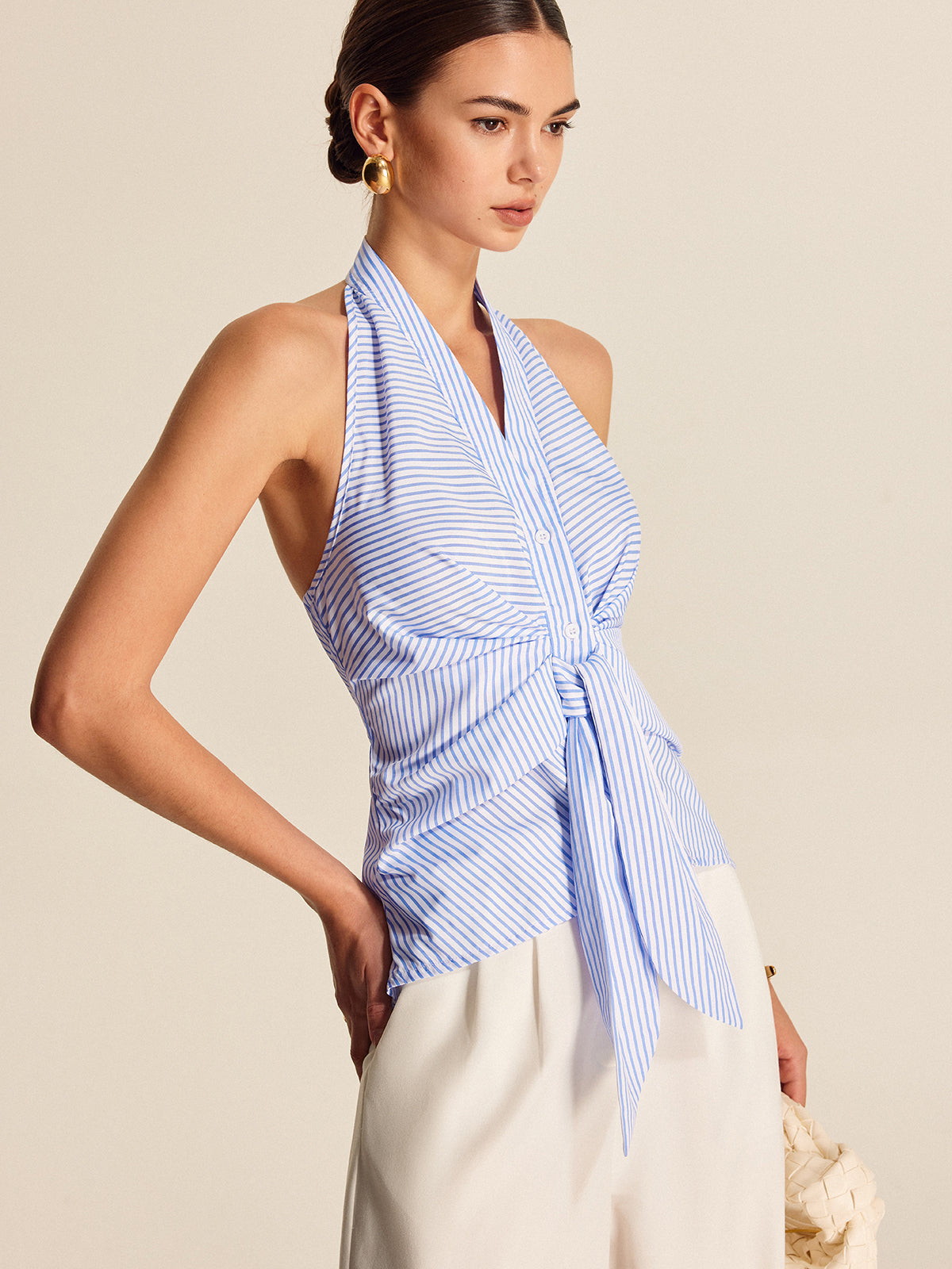 Çizgili Halter Yaka Kravat Bluzu Açık Mavi | Lorlia