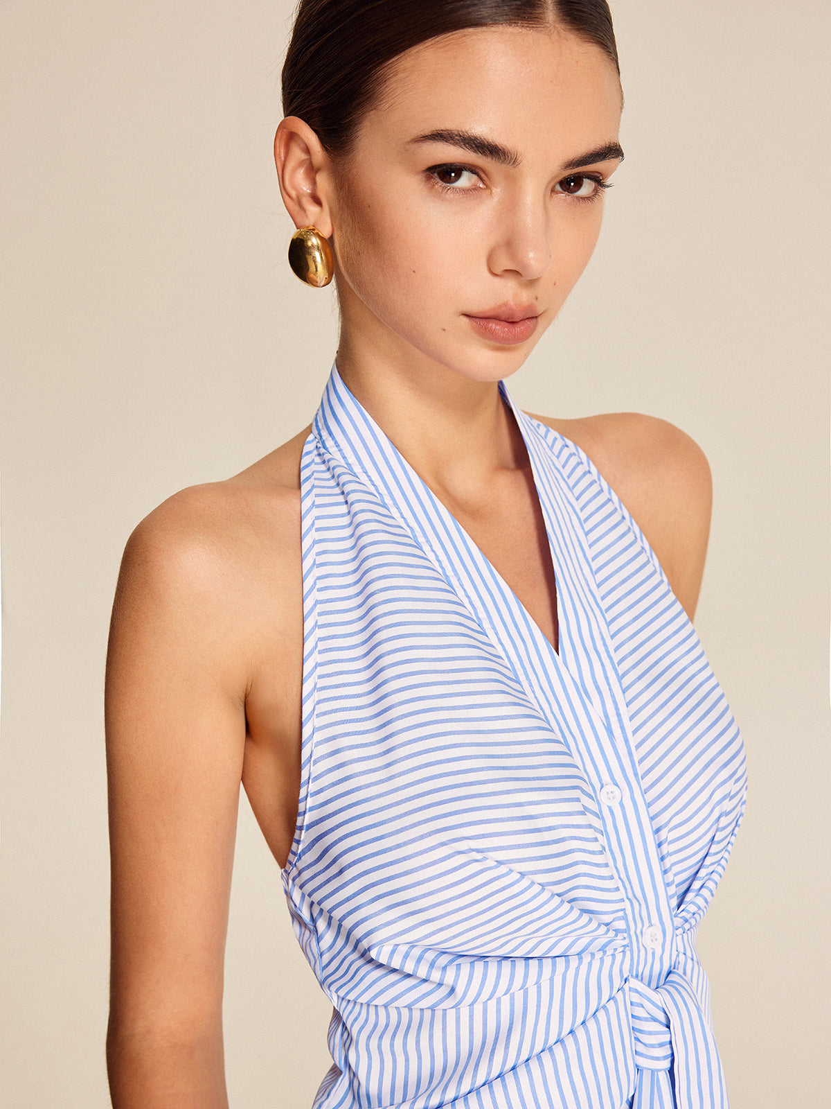 Çizgili Halter Yaka Kravat Bluzu Açık Mavi | Lorlia