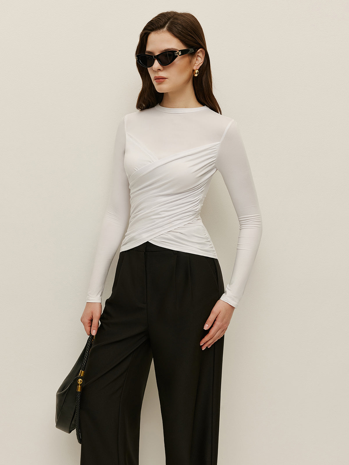 Çapraz Desenli Uzun Kollu Tişört Beyaz Slim Fit | Lorlia