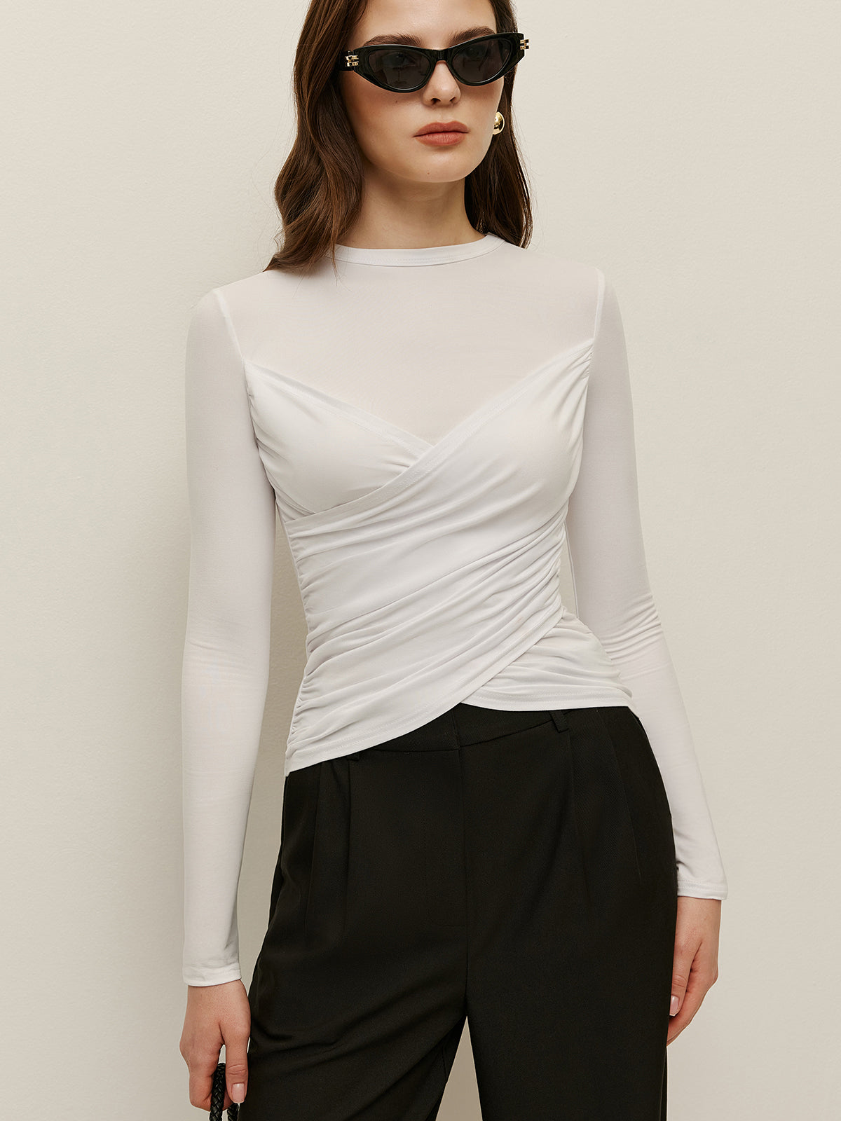 Çapraz Desenli Uzun Kollu Tişört Beyaz Slim Fit | Lorlia