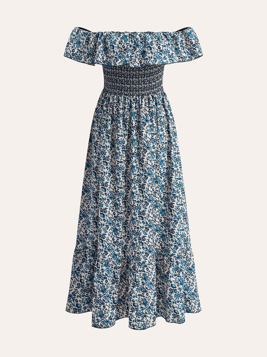 Boho Düşük Omuz Çiçekli Maxi Elbise Mavi Volanlı | Lorlia