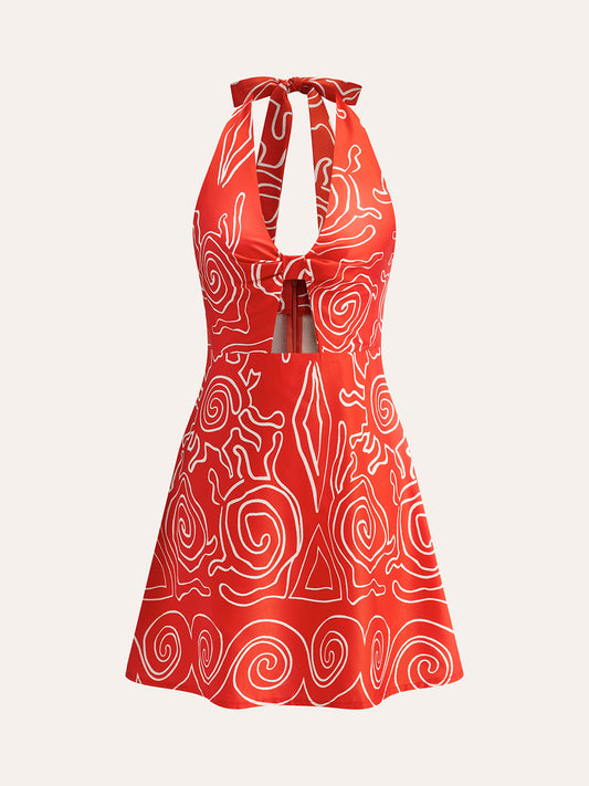 Halter Yaka Sırtı Açık Çiçekli Mini Elbise Kırmızı | Lorlia