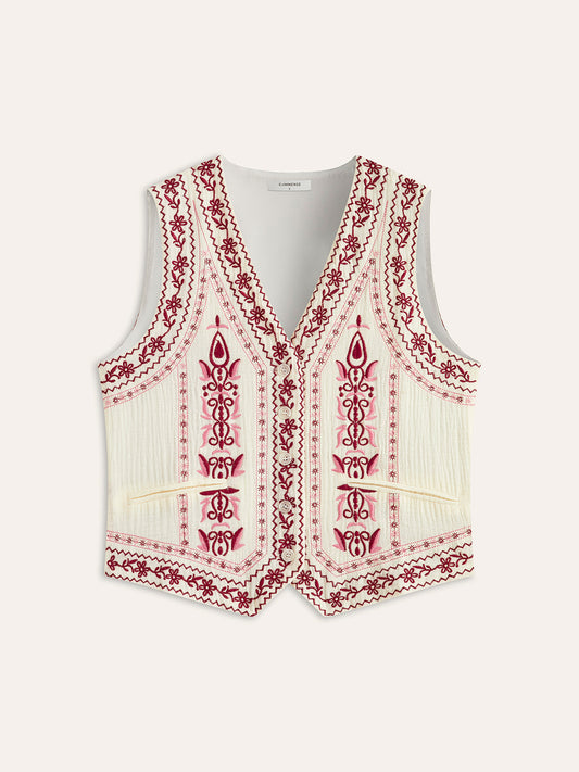 Boho Nakışlı Kolsuz Yelek Kırmızı Kemerli | Lorlia