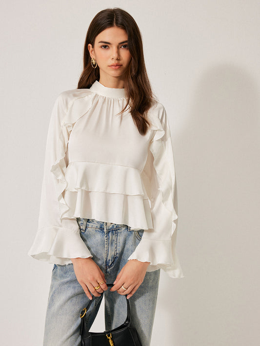 Volanlı Peplum Bluz Stand Yaka Düğme Detaylı Beyaz | Lorlia