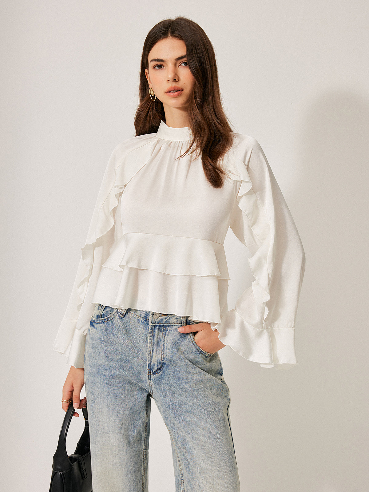 Volanlı Peplum Bluz Stand Yaka Düğme Detaylı Beyaz | Lorlia