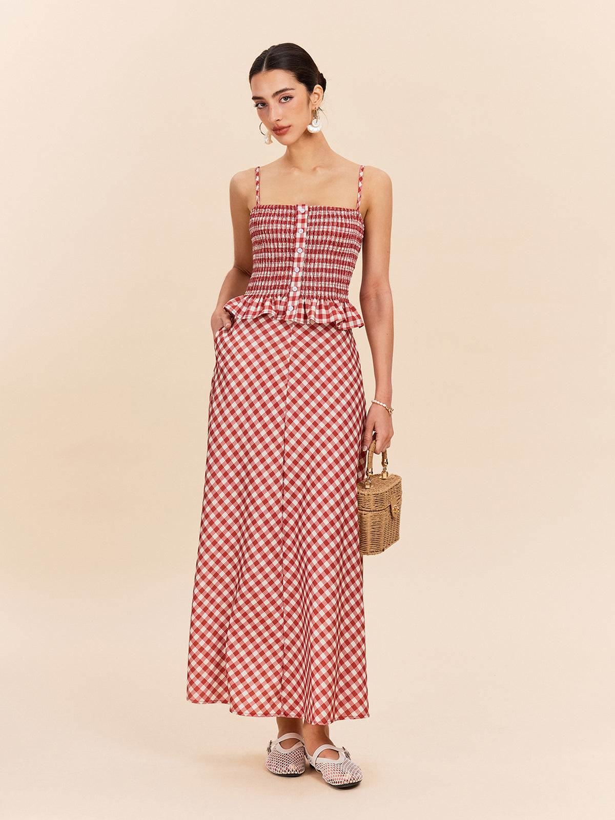 Kareli Cepli Maxi Etek Kırmızı Vintage Tarzı | Lorlia