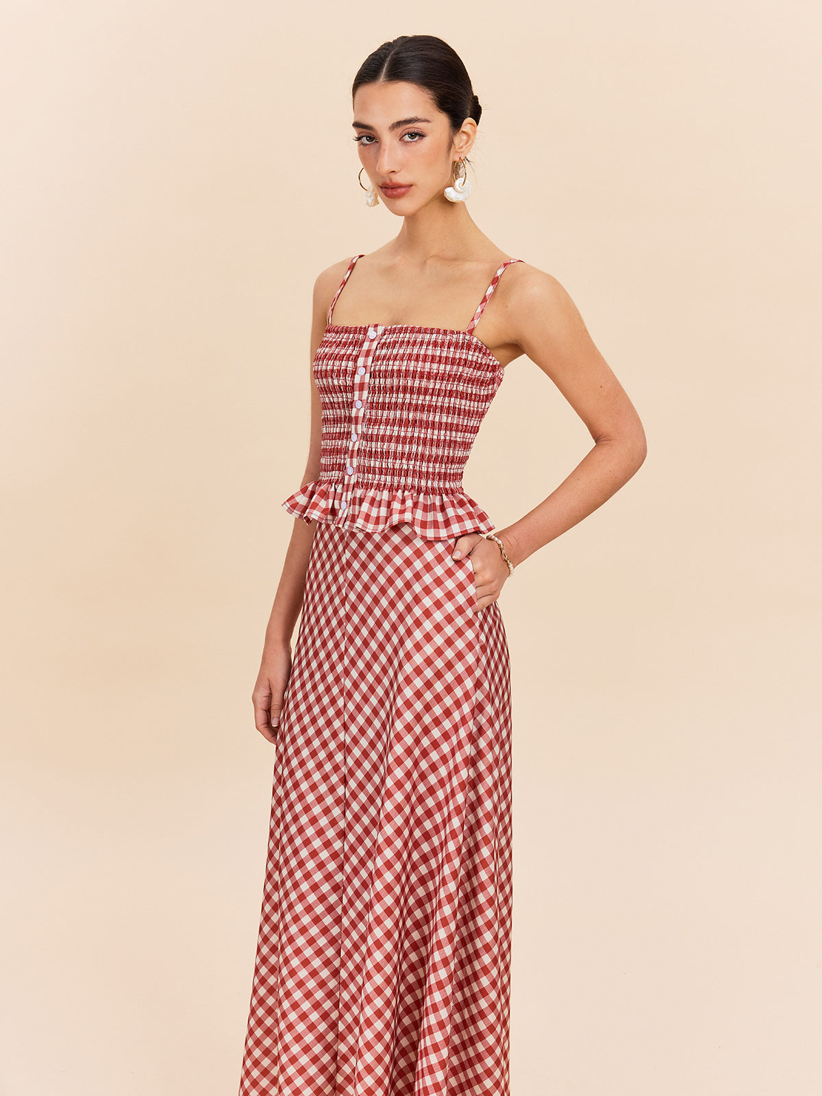 Kareli Cepli Maxi Etek Kırmızı Vintage Tarzı | Lorlia