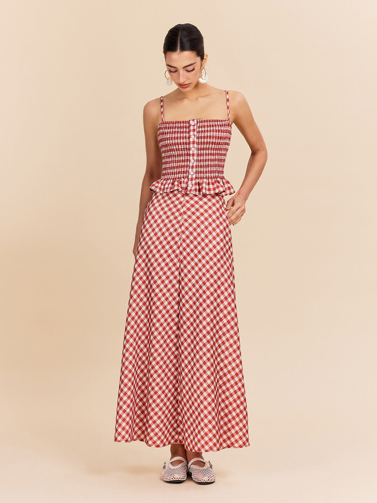 Kareli Cepli Maxi Etek Kırmızı Vintage Tarzı | Lorlia