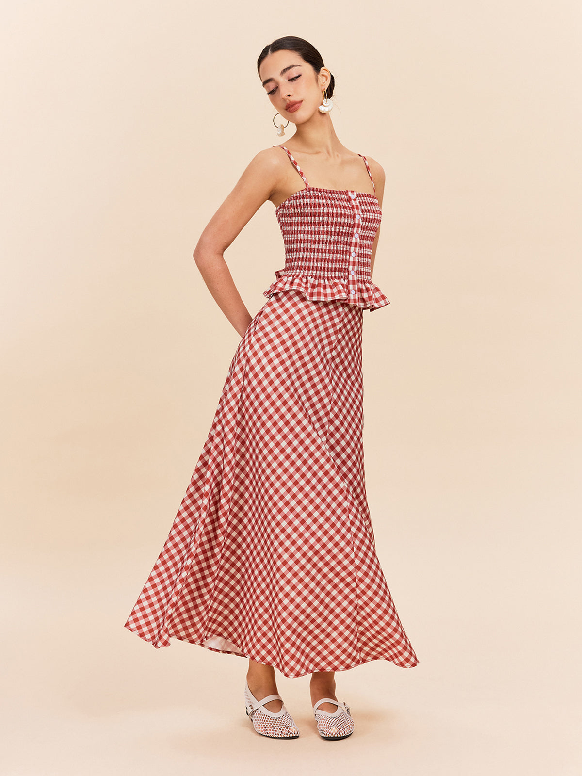 Kareli Cepli Maxi Etek Kırmızı Vintage Tarzı | Lorlia