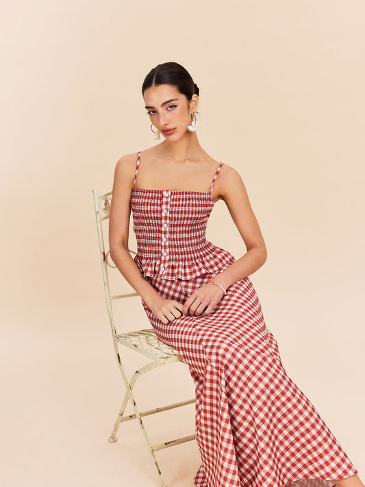 Şık Gingham Büzgülü Peplum Askılı Bluz Kırmızı | Lorlia