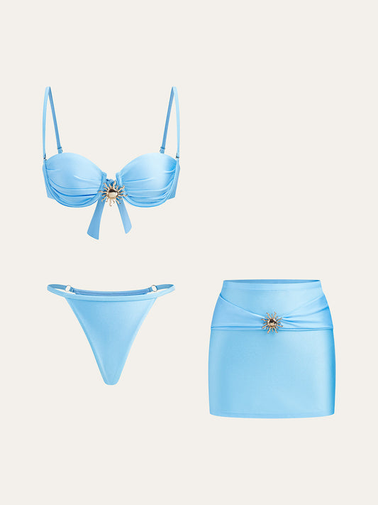 Charm Soleil Bikini Takımı Metal Detaylı Pareo Etek Açık Mavi | Lorlia