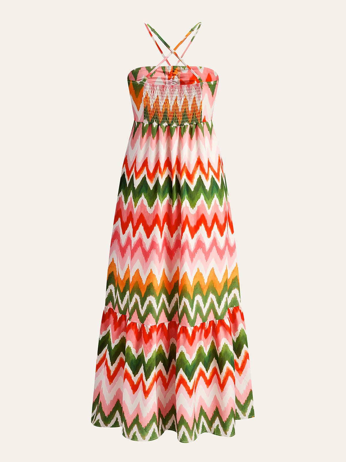 Zigzag Desenli Askılı Maxi Elbise Çok Renkli Büzgülü | Lorlia