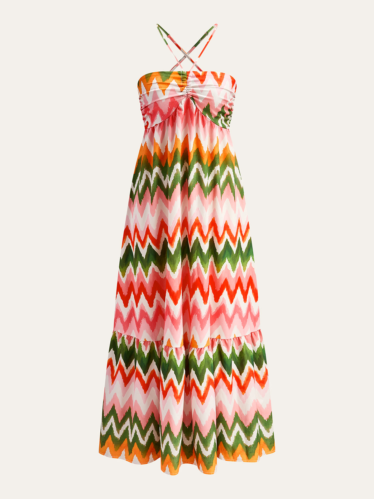 Zigzag Desenli Askılı Maxi Elbise Çok Renkli Büzgülü | Lorlia