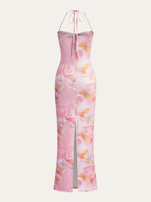 Çiçekli Halter Abiye Elbise Pembe Kalp Yaka | Lorlia