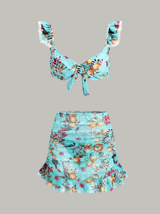 Çiçekli Bikini Takımı Etek Açık Mavi 3 Parça | Lorlia