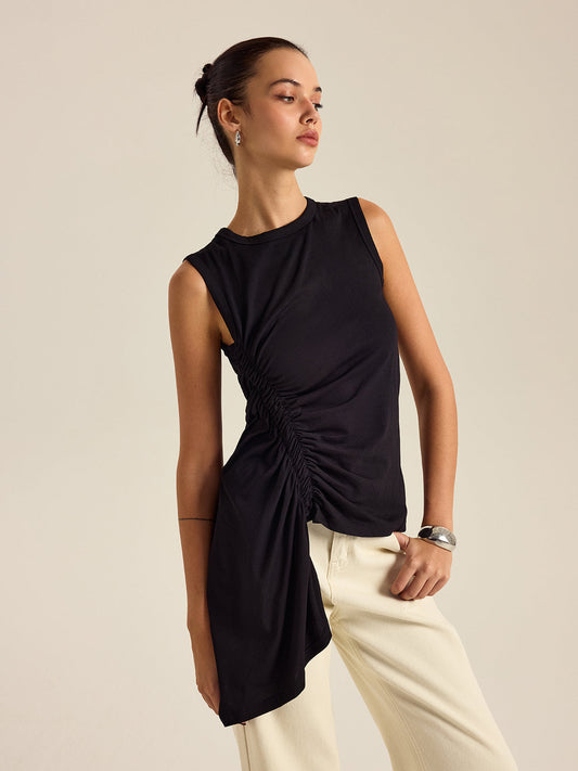 Asimetrik Pileli Kolsuz Atlet Siyah Slim Fit | Lorlia