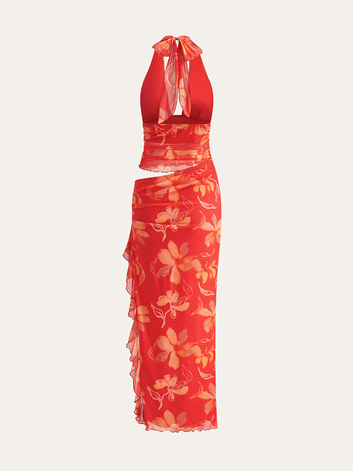 Yarım Şeffaf Çiçekli Halter Maxi Elbise Kırmızı | Lorlia