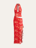 Yarım Şeffaf Çiçekli Halter Maxi Elbise Kırmızı | Lorlia