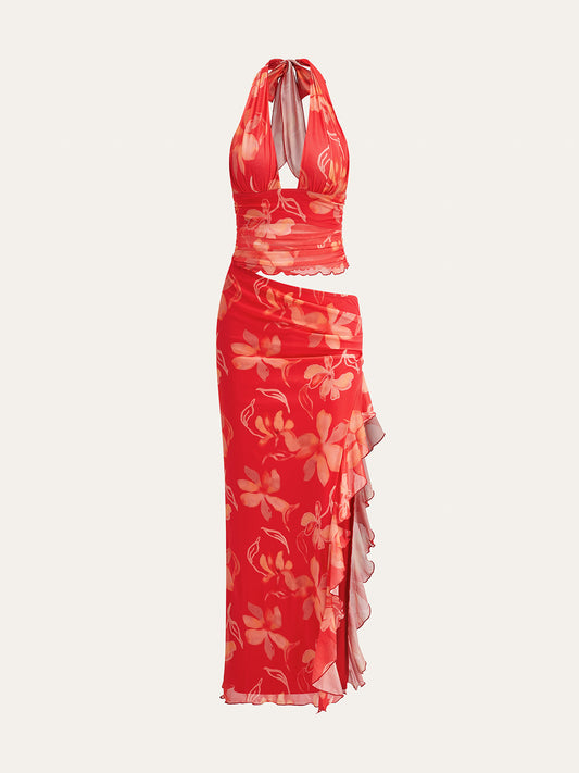 Yarım Şeffaf Çiçekli Halter Maxi Elbise Kırmızı | Lorlia
