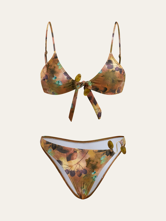 Çiçek Baskılı Bikini Takımı Kahverengi Yeşil | Lorlia