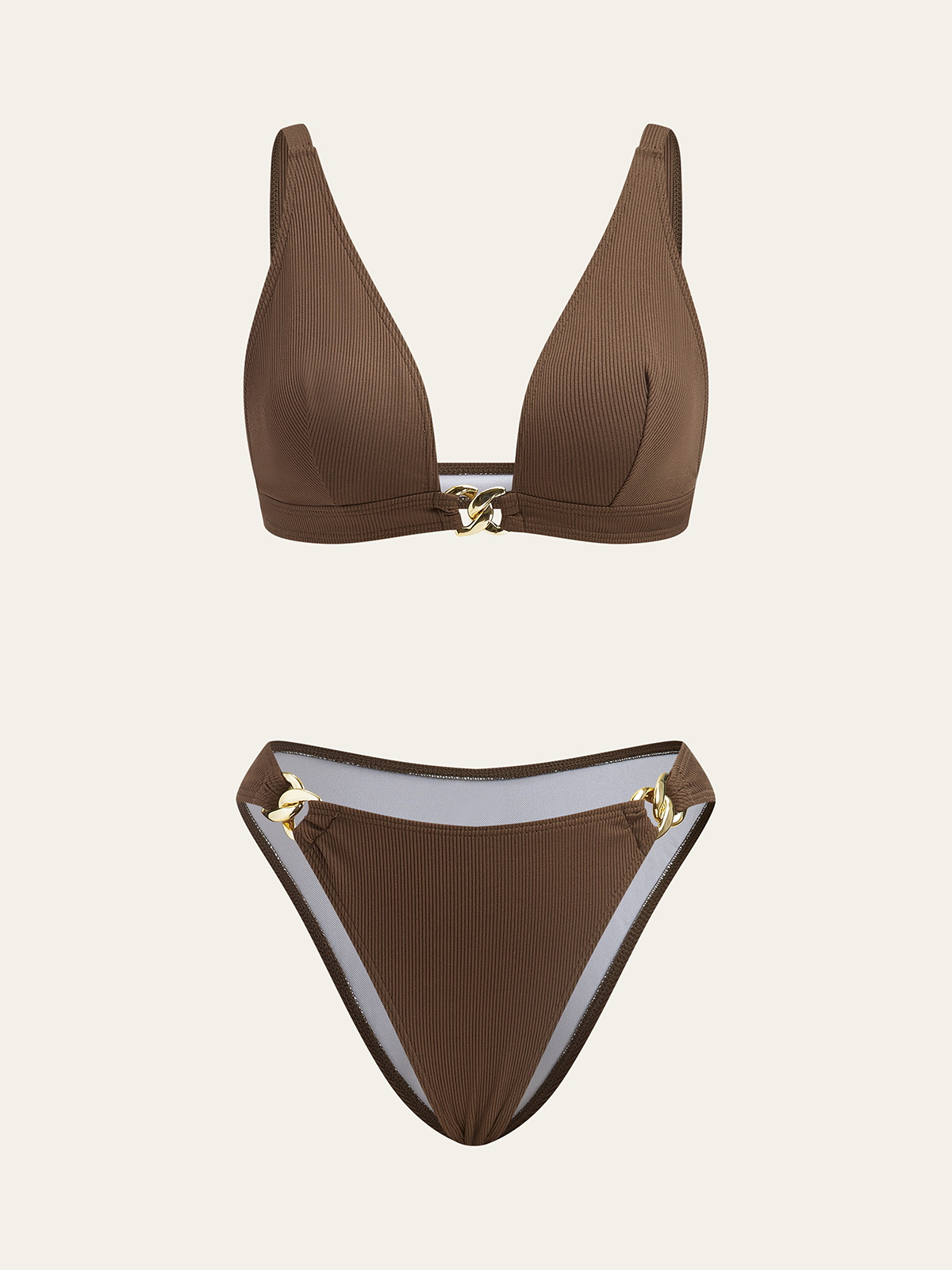 Metal Detaylı Bikini Takımı Kahverengi Örgü Desenli | Lorlia