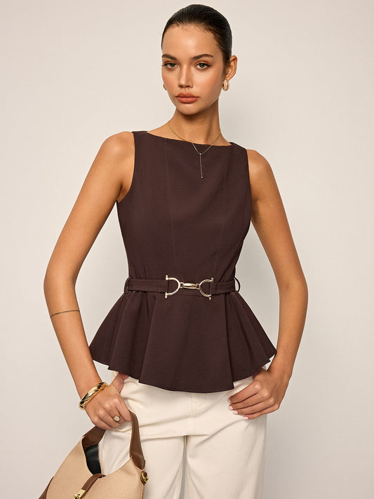 Metal Tokalı Kemerli Peplum Üst Kolsuz Kahverengi | Lorlia