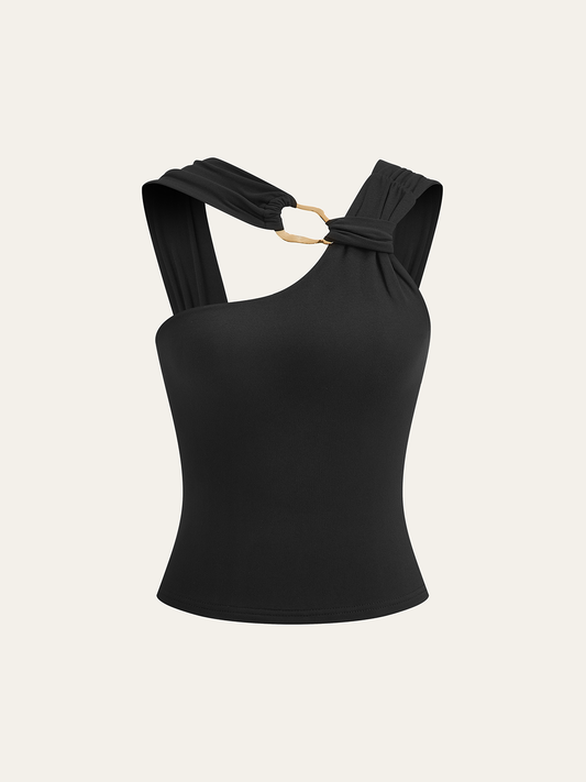 Asimetrik Askı Metal Detaylı Kolsuz Bluz Siyah Slim Fit | Lorlia