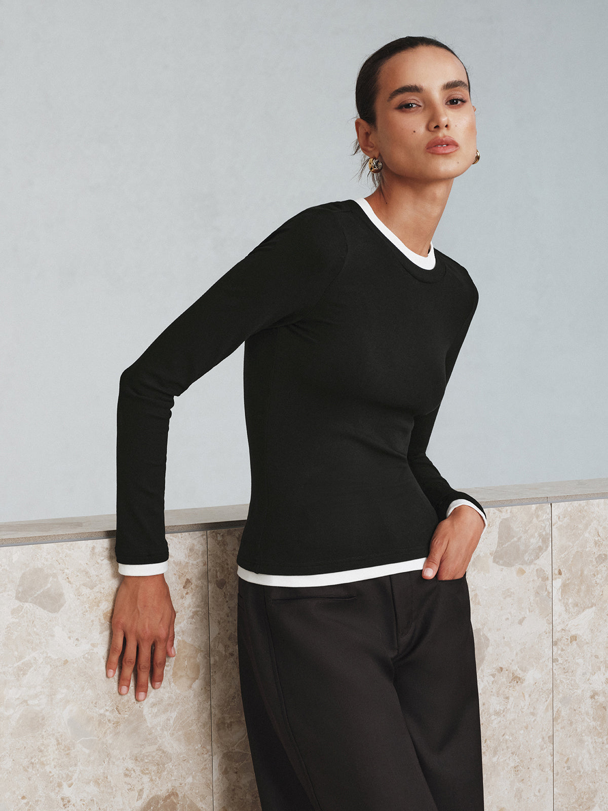 Kontrast Dikiş Uzun Kollu Tişört Siyah Slim Fit | Lorlia