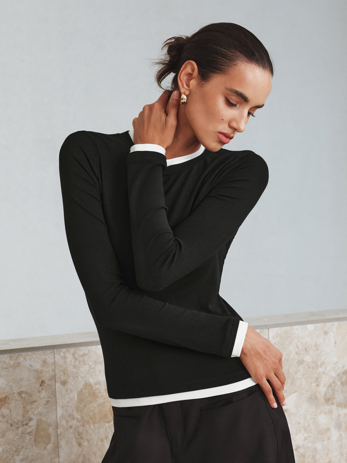Kontrast Dikiş Uzun Kollu Tişört Siyah Slim Fit | Lorlia