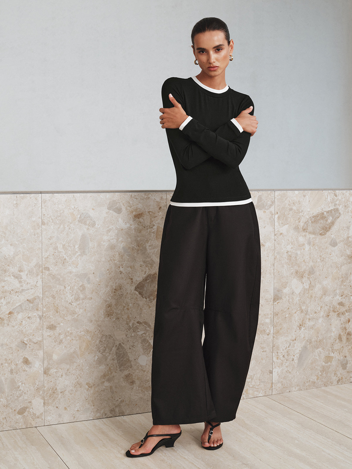 Kontrast Dikiş Uzun Kollu Tişört Siyah Slim Fit | Lorlia