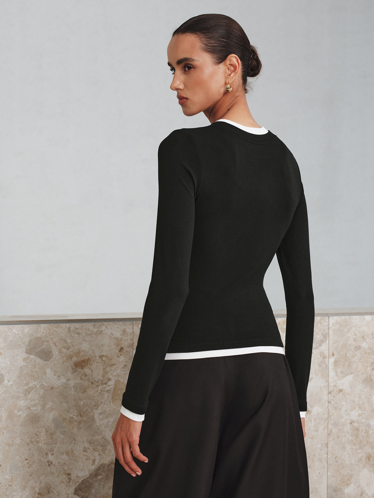 Kontrast Dikiş Uzun Kollu Tişört Siyah Slim Fit | Lorlia