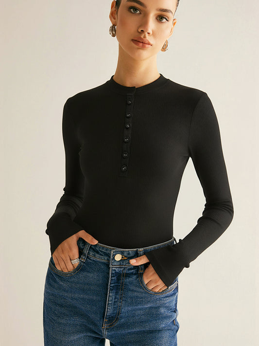 Nakışlı Uzun Kollu Bodysuit Siyah Ribanalı | Lorlia