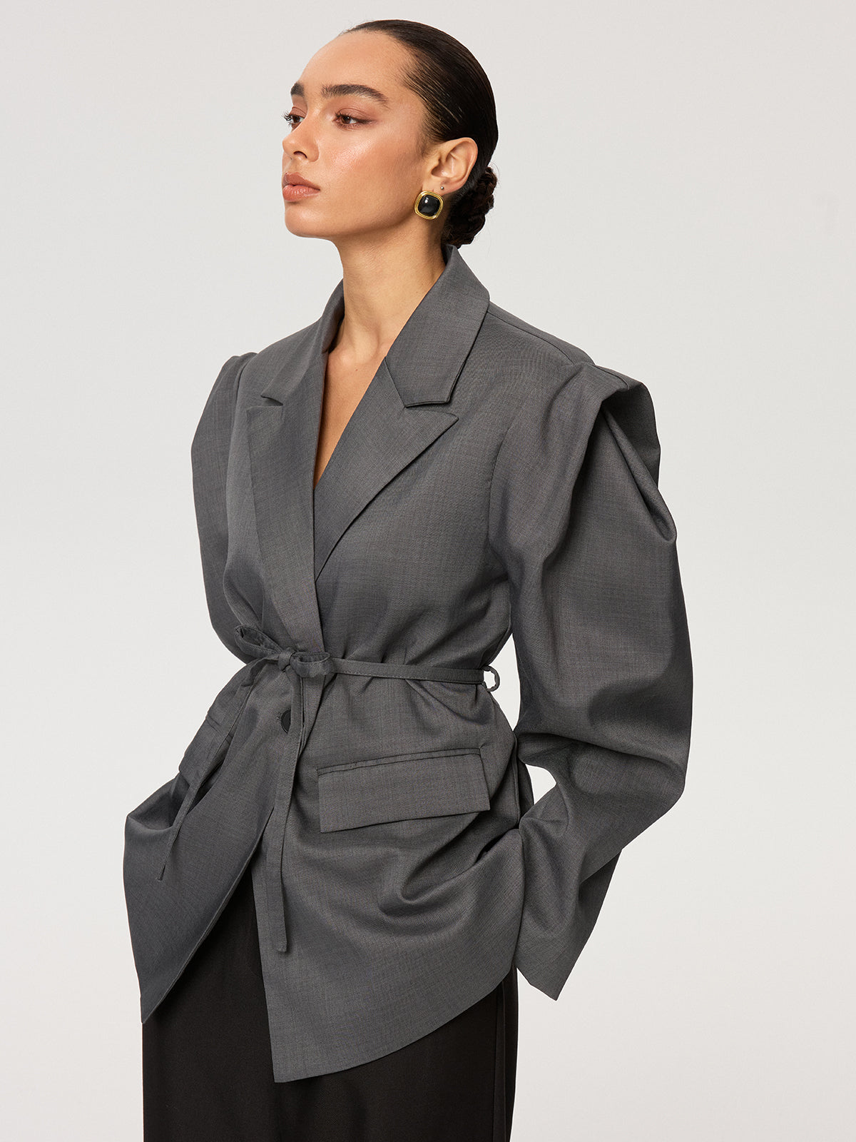 Kemerli Uzun Kollu Blazer Gri Bağcıklı | Lorlia