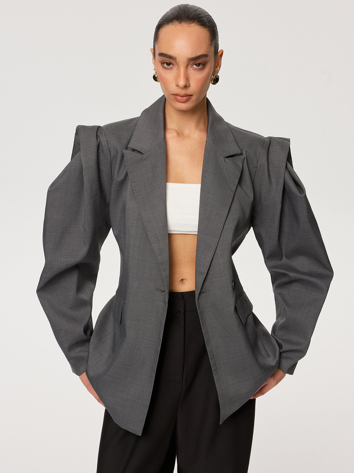 Kemerli Uzun Kollu Blazer Gri Bağcıklı | Lorlia