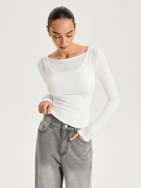 2'li Uzun Kollu Modal Tişört Beyaz Slim Fit | Lorlia