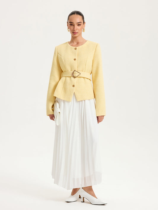 Düğme Detaylı Kemerli Tweed Ceket Sarı Regular Fit | Lorlia