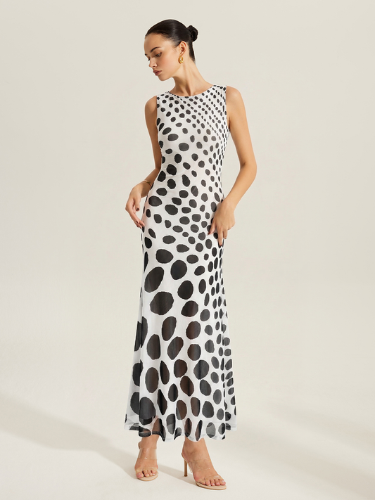 Puantiyeli Mesh Maxi Elbise Siyah Beyaz Askısız | Lorlia
