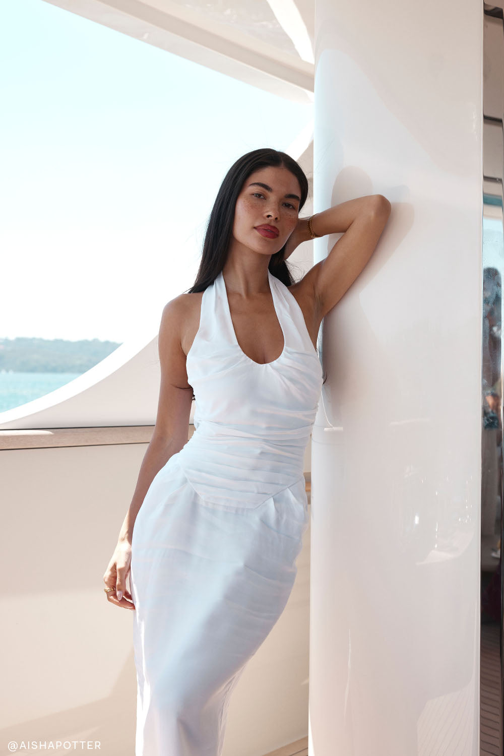 Daniela Beyaz Büzgülü Halter Yaka Midi Elbise | Lorlia