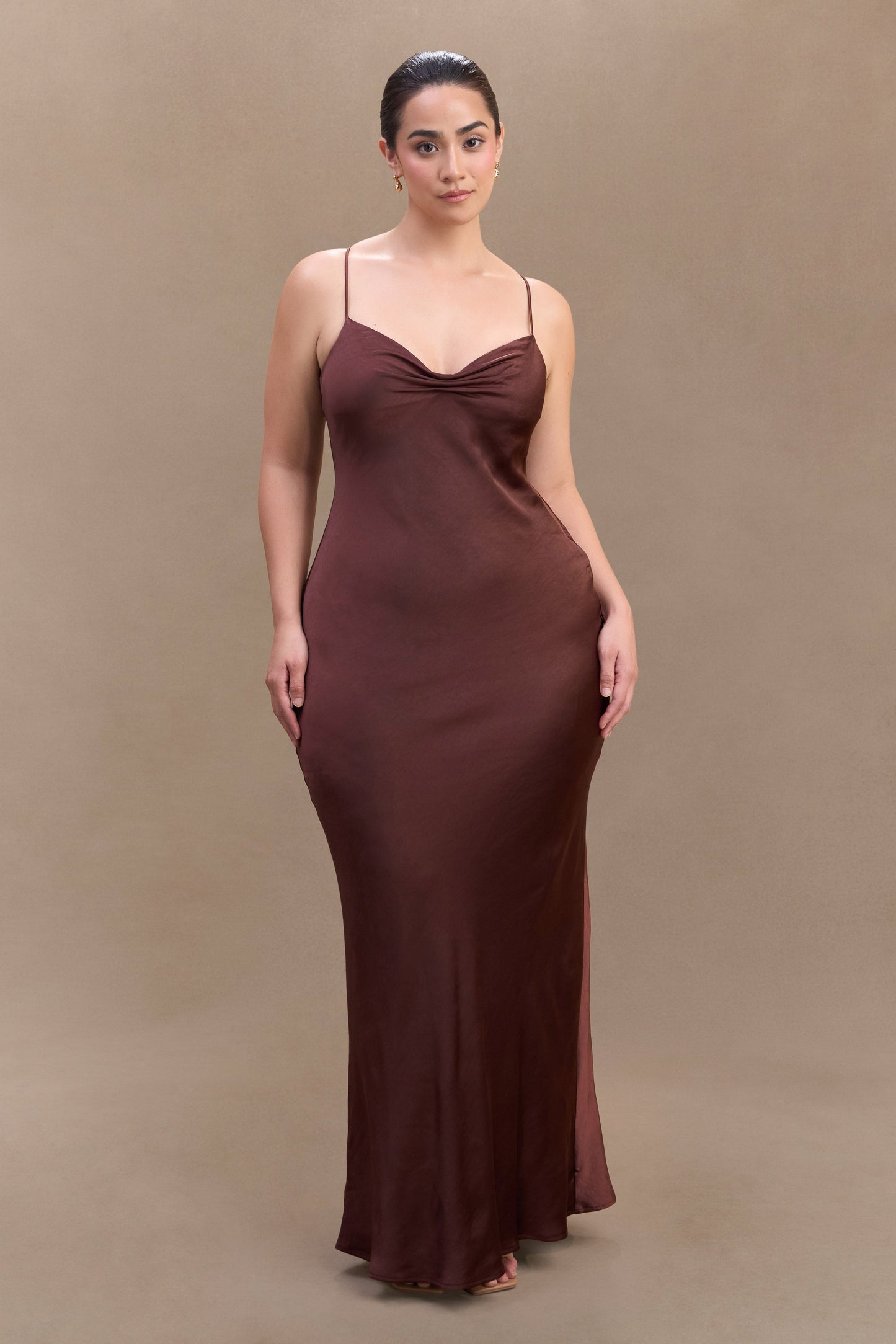 ROF Lilly Sweetheart Saten Maxi Elbise - Bitter Çikolata