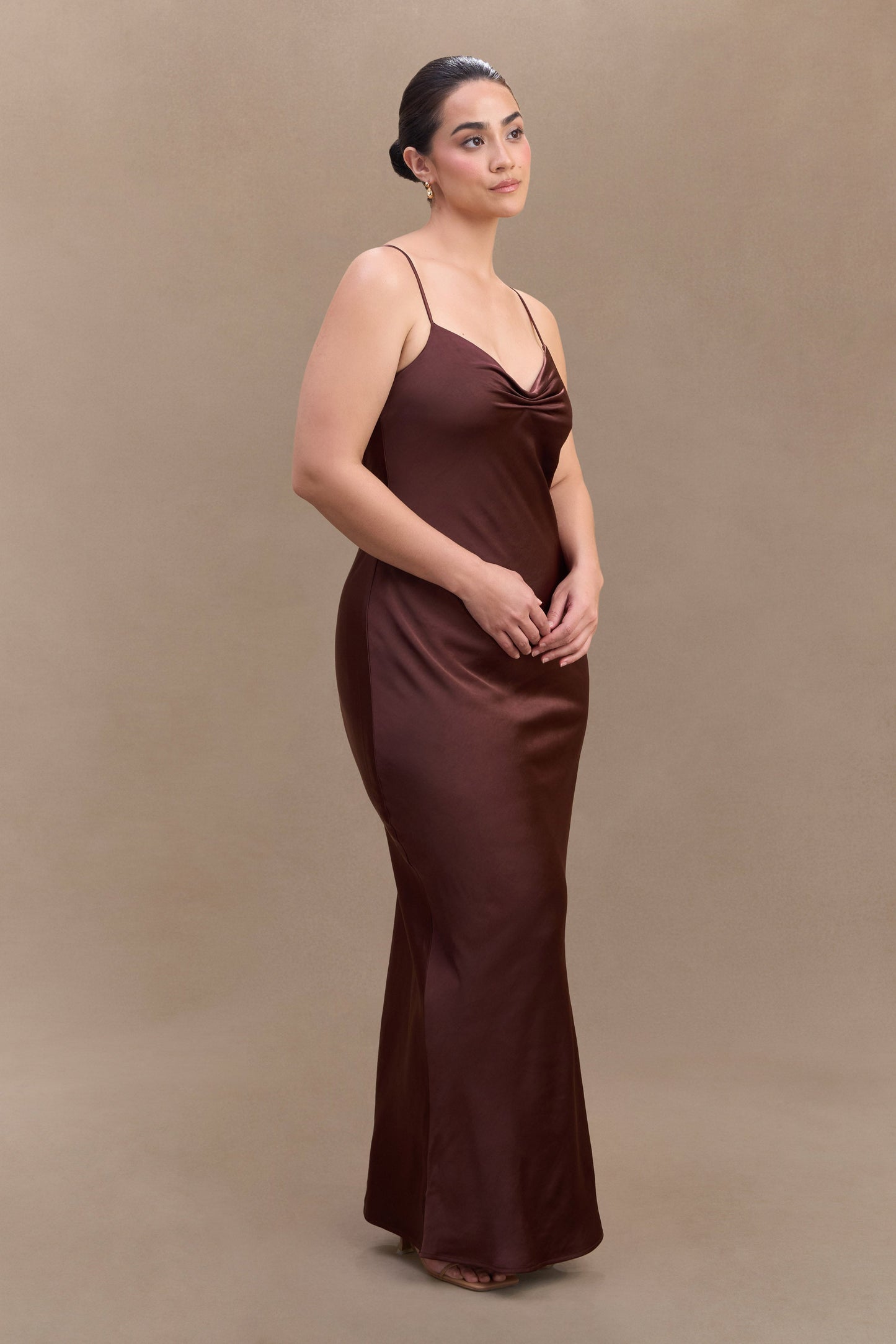 ROF Lilly Sweetheart Saten Maxi Elbise - Bitter Çikolata