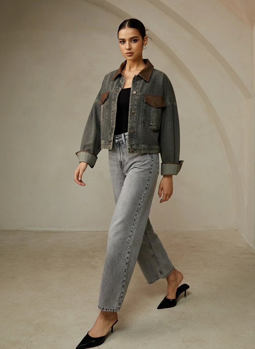 Vintage Kontrast Süslü Yaka Denim Ceket Koyu Kahverengi Uzun Kol | Lorlia