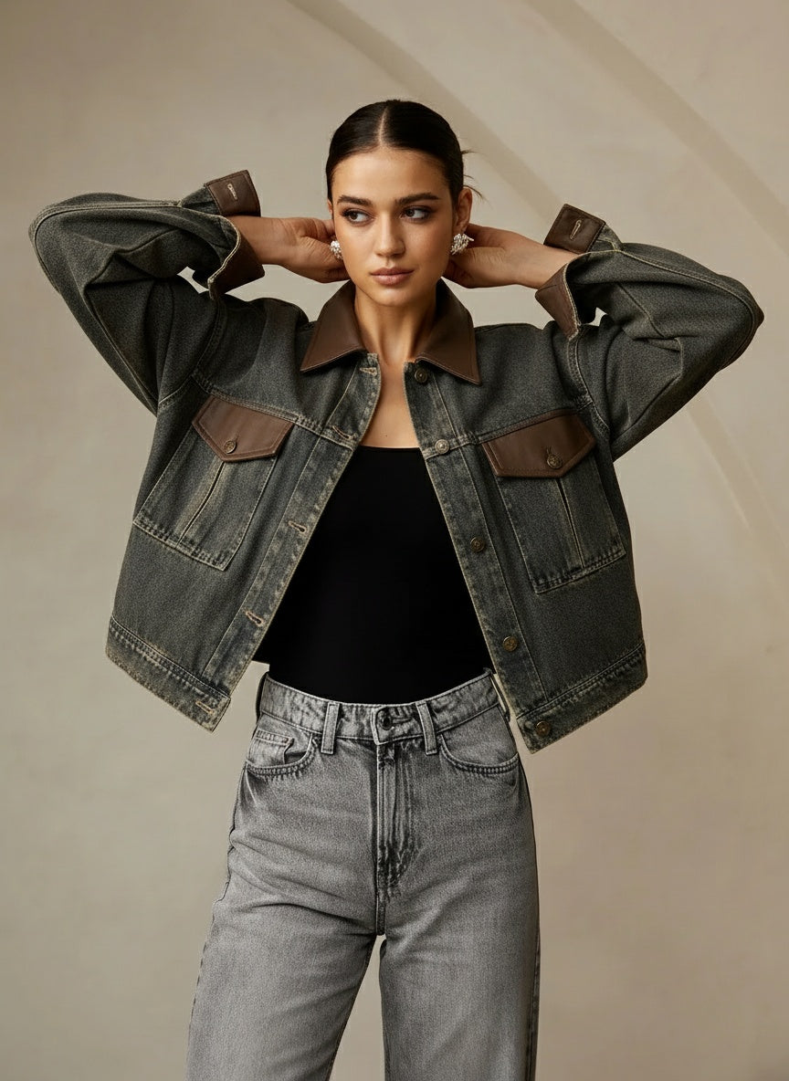 Vintage Kontrast Süslü Yaka Denim Ceket Koyu Kahverengi Uzun Kol | Lorlia