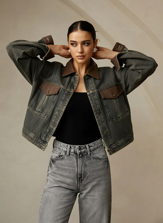 Vintage Kontrast Süslü Yaka Denim Ceket Koyu Kahverengi Uzun Kol | Lorlia